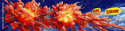 Explosive Comic Book Style Blast with BOOM and KABOOM Text in Vivid Vector Art Capturing Dramatic Clouds and Sky for Dynamic Visual Impact and Pop Art Design