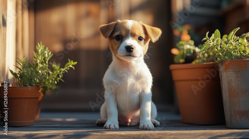 Cute puppy surrounded by plants in a cozy home setting with wooden decor and ...
