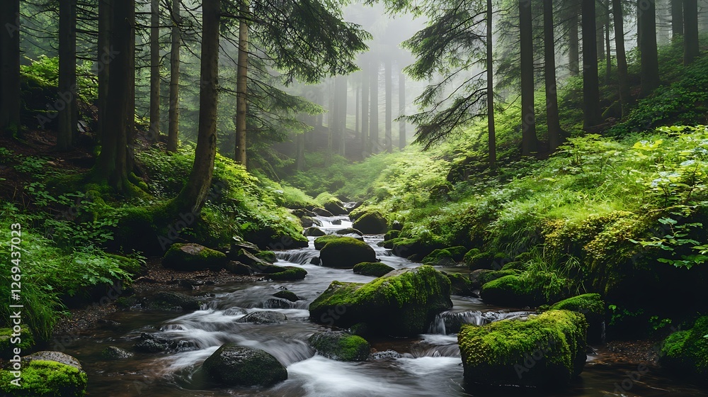 Obraz premium Misty Forest Stream Flows Through Mossy Rocks