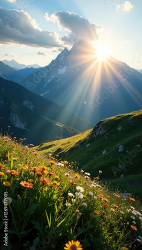 Morgenlicht durch schmale ?ffnung im Kaiserwinkel der Alpen, ?sterreich, morgenlicht photo