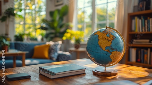 Cozy indoor space featuring a globe and a bright, inviting atmosphere in a be...