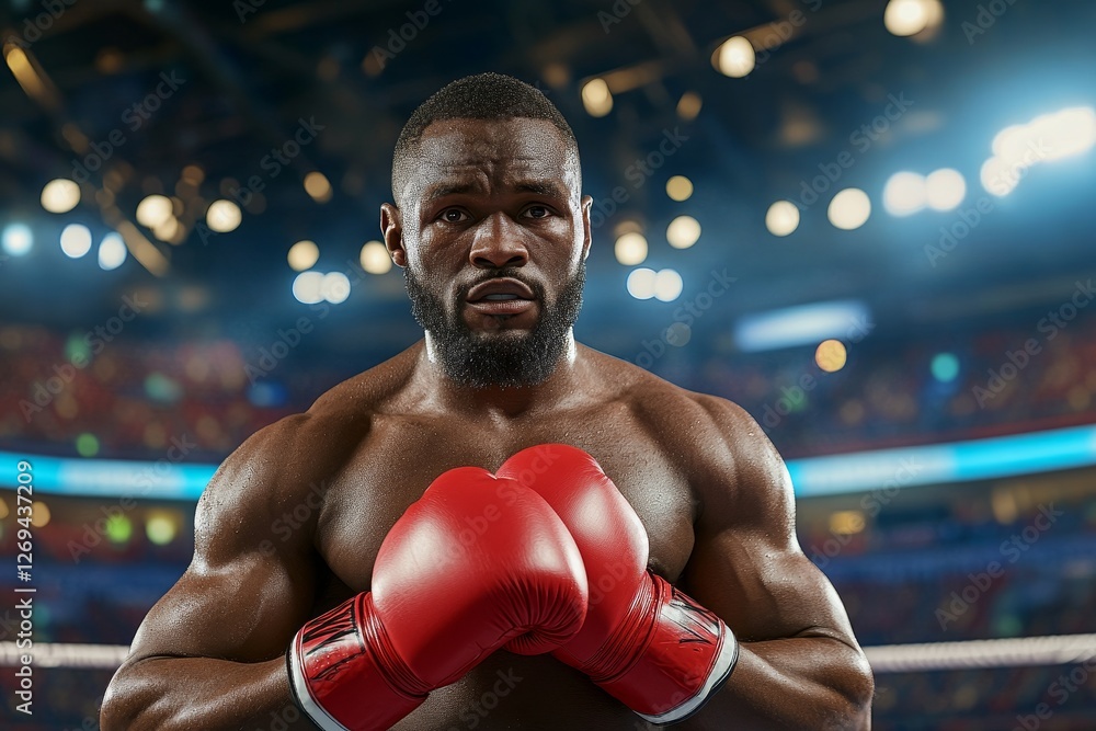 Intense Boxer with Red Gloves in Training Ring Ready for Fight Intense Boxer with Red Gloves in Training Ring Ready for Fight