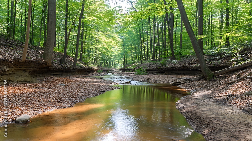 Fototapeta premium Serene stream flows through lush green forest canopy