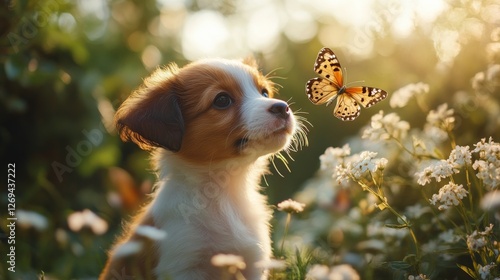 Puppy playing in a field of flowers with a butterfly on a sunny day