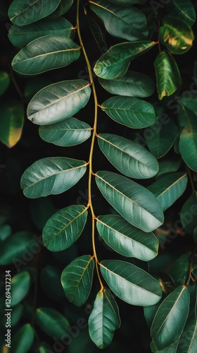 Close view of lush green leaves displaying intricate patterns in a vibrant tr...