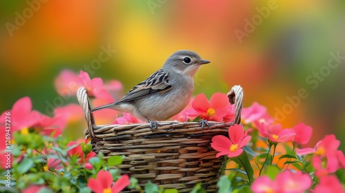Small bird resting among vibrant flowers in a wicker basket creates a joyful ...