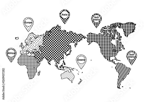 世界地図（日本中心）イラスト: 六大州と位置情報マーク（白黒）