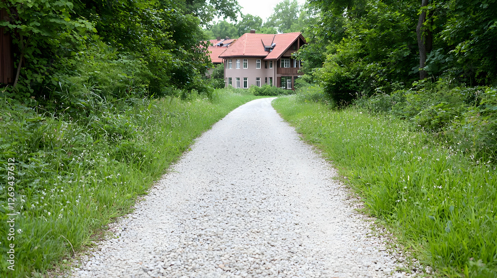 Gravel path leads to house in woods Gravel path leads to house in woods