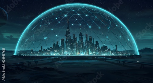 Futuristic Cityscape Under Protective Dome with Glowing Network Design