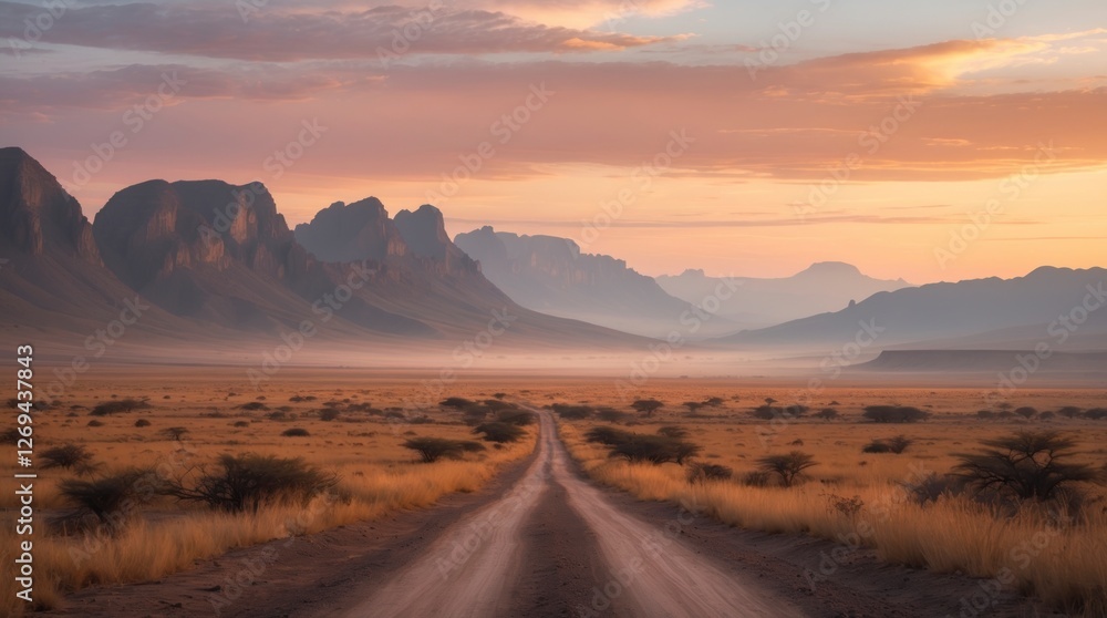 Scenic Desert Road at Sunset Dramatic Mountain Landscape Scenic Desert Road at Sunset Dramatic Mountain Landscape
