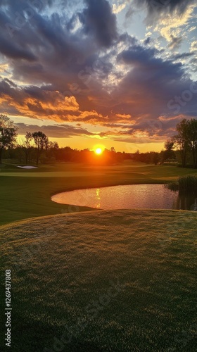 Serene sunset over a golf course pond with lush greenery and vibrant clouds