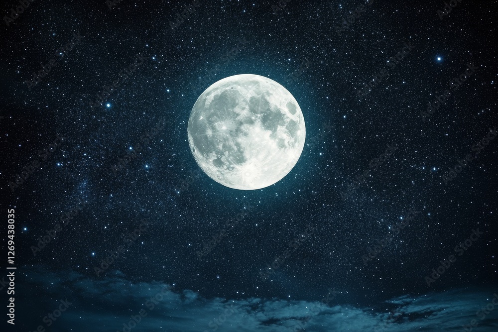 Fototapeta premium Stunning full moon shining brightly in a starry night sky over dark clouds
