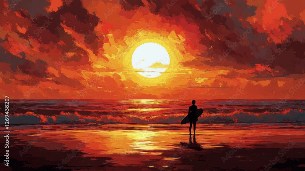 Surfer watches vibrant sunset over ocean waves at a tropical beach Surfer watches vibrant sunset over ocean waves at a tropical beach