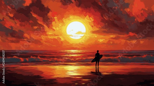 Surfer watches vibrant sunset over ocean waves at a tropical beach
