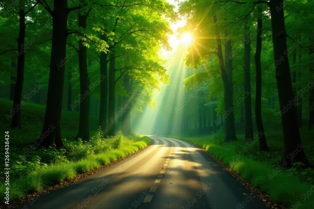 Fototapeta premium Natural forest road with sunlight filtering through leaves, serene landscape, forest