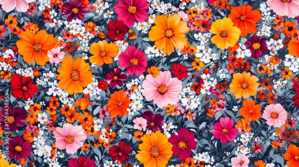 Colorful cosmos flowers blooming on dark background creating vibrant floral pattern Colorful cosmos flowers blooming on dark background creating vibrant floral pattern