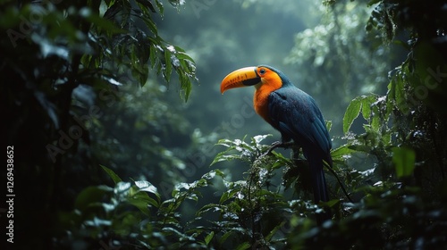 Colorful toucan surrounded by lush tropical foliage in a vibrant rainforest s...