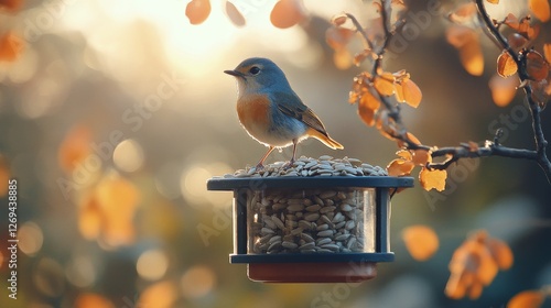 Bluebird perched on a feeding station surrounded by autumn leaves at sunset