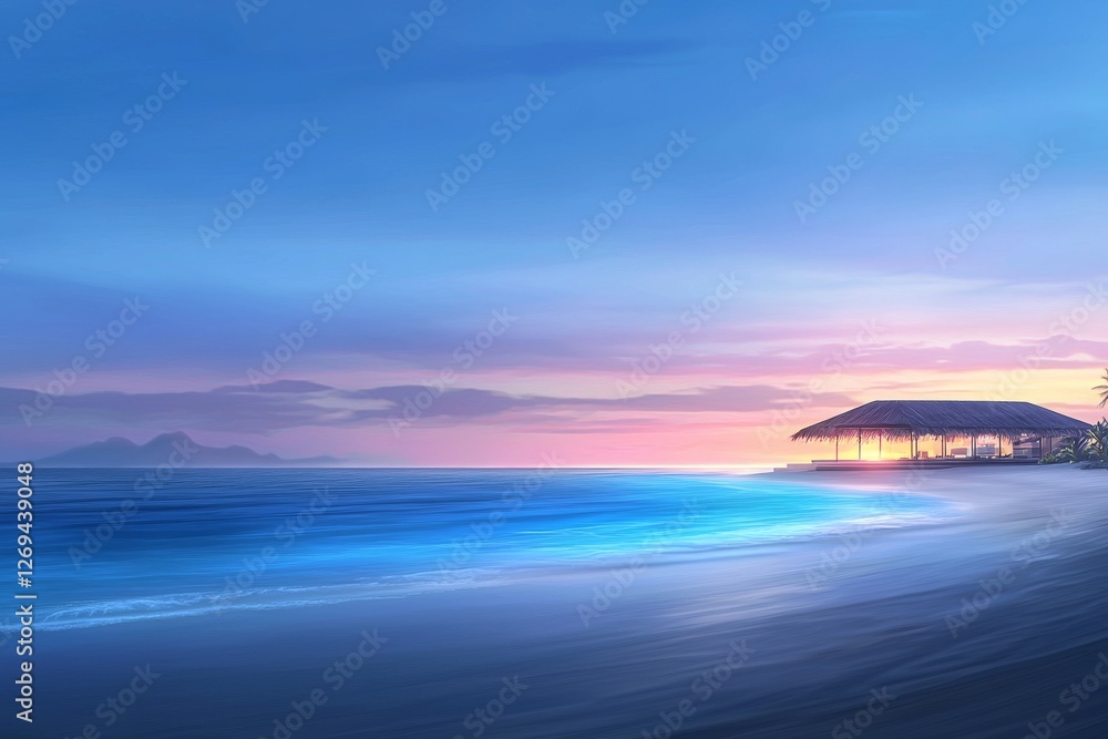 Fototapeta premium A serene beach scene at sunset, featuring gentle waves, a colorful sky, and a cozy beachfront structure.