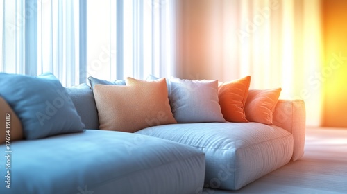 Sunlit modern living room with soft sofa and decorative cushions in warm even...