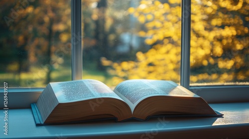 Morning sunlight illuminates an open book by a window surrounded by greenery ...