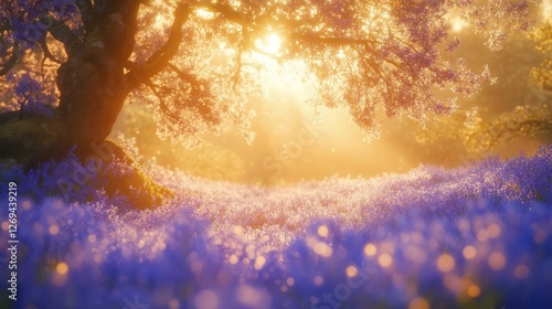 Vibrant blue flowers blooming in a sunlit forest clearing during early spring...