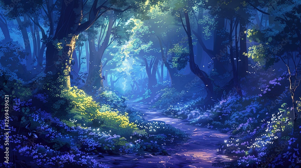 Fototapeta premium Enchanted Fantasy Forest Illustrations: Whimsical Woodlands with Glowing Mushrooms, Mystical Creatures, and Celestial Trees – Perfect for Storybook Art, Game Design, and Digital Painting Projects Embr