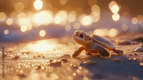 Baby turtle crawls towards the ocean during golden hour reflecting sunlight o...