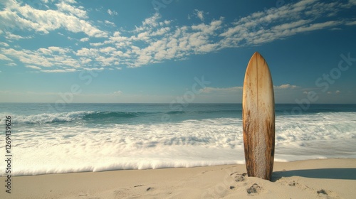 Surfboard stands on sandy beach with ocean waves and clear sky on a sunny day