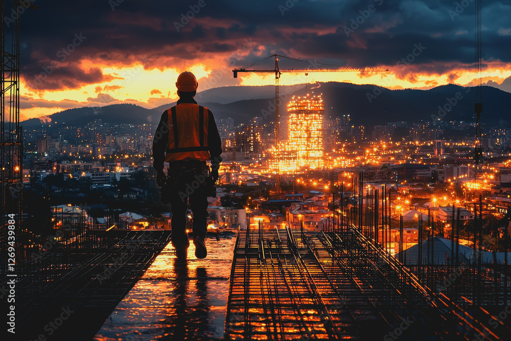 Fototapeta premium Construction worker walking on a construction site with tools and machinery in the background