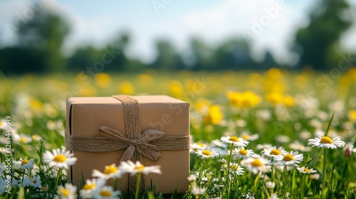 Bright flower field under a clear blue sky with fluffy white clouds in spring...