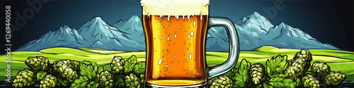 Scenic Vector Image of Beer Mug with Frothy Top Amidst Lush Hops and Mountain Landscape - Perfect for Brewery, Beverage, and Nature-Themed Designs