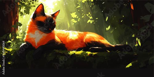 Serene Siamese Cat in Sunlit Forest Glade | Resting Feline Illustration | Digital Art of Relaxing Cat with Warm Sunlight and Lush Greenery in Tranquil Nature Scene