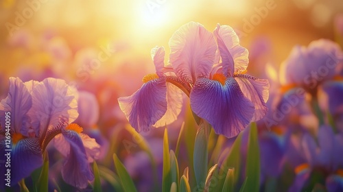 Vibrant purple flowers in a colorful garden landscape at sunset