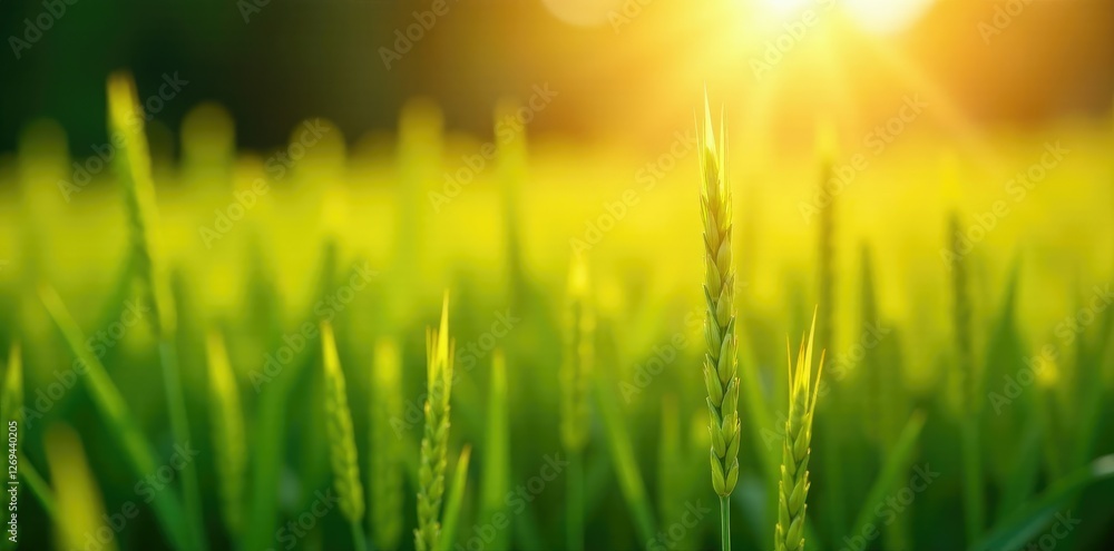 Shining sunlight background with growing rice grain, landscape, growth, grain Shining sunlight background with growing rice grain, landscape, growth, grain