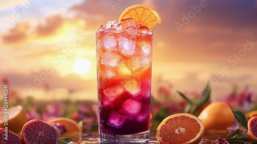 Refreshing sunset beverage with vibrant colors and citrus fruit on a warm eve...