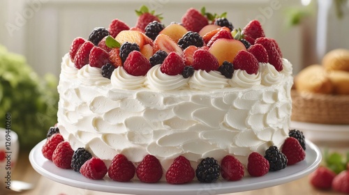 Delicious cake topped with fresh berries and cream ready for celebration at a...