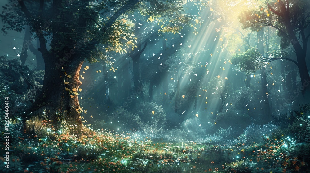 Obraz premium Enchanted Fantasy Forest Illustrations: Whimsical Woodlands with Glowing Mushrooms, Mystical Creatures, and Celestial Trees – Perfect for Storybook Art, Game Design, and Digital Painting Projects Embr
