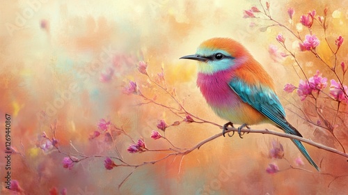 Colorful songbird perched on a branch surrounded by autumn leaves in a serene...
