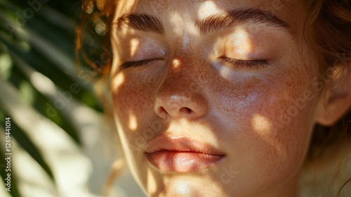 Beauty of a woman with curly hair enjoying the warm sunlight in an outdoor se...