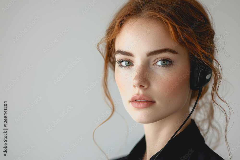 Woman with red hair wearing a headset engaged in conversation on a video call in a modern office setting Woman with red hair wearing a headset engaged in conversation on a video call in a modern office setting