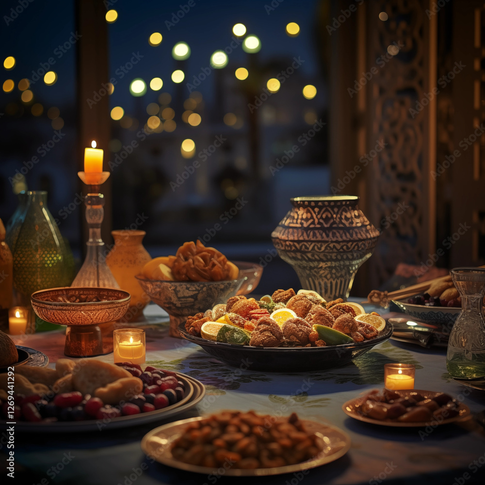 Moroccan Festive Dinner Table at Night with Candles Moroccan Festive Dinner Table at Night with Candles