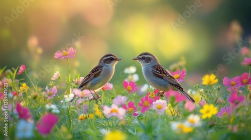 Young bird standing amidst vibrant wildflowers in a colorful meadow during sp...