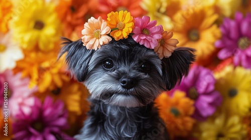 Cute puppy with flower crown surrounded by colorful blooms in a bright garden