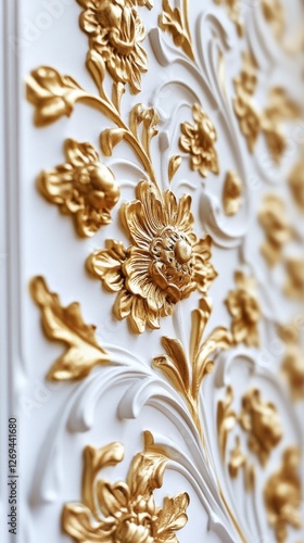 Intricate gold floral design on white wall panel showcasing craftsmanship and...