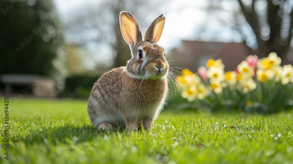 Fototapeta premium Bunny sits on green grass in spring garden among colorful flowers under bright sunlight