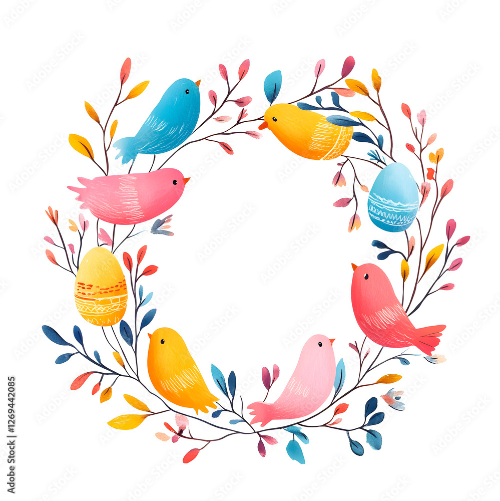 Fototapeta premium Colorful watercolor wreath featuring vibrant birds, branches, and decorated Easter eggs. Illustration in a hand-drawn style with a whimsical and festive touch