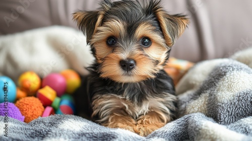 Playful puppy surrounded by colorful balls on a cozy blanket indoors