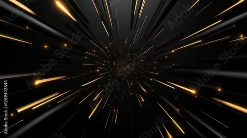 An abstract digital illustration depicts a burst of golden light streaks emanating from a central point against a dark background, resembling a star or sun flare effect