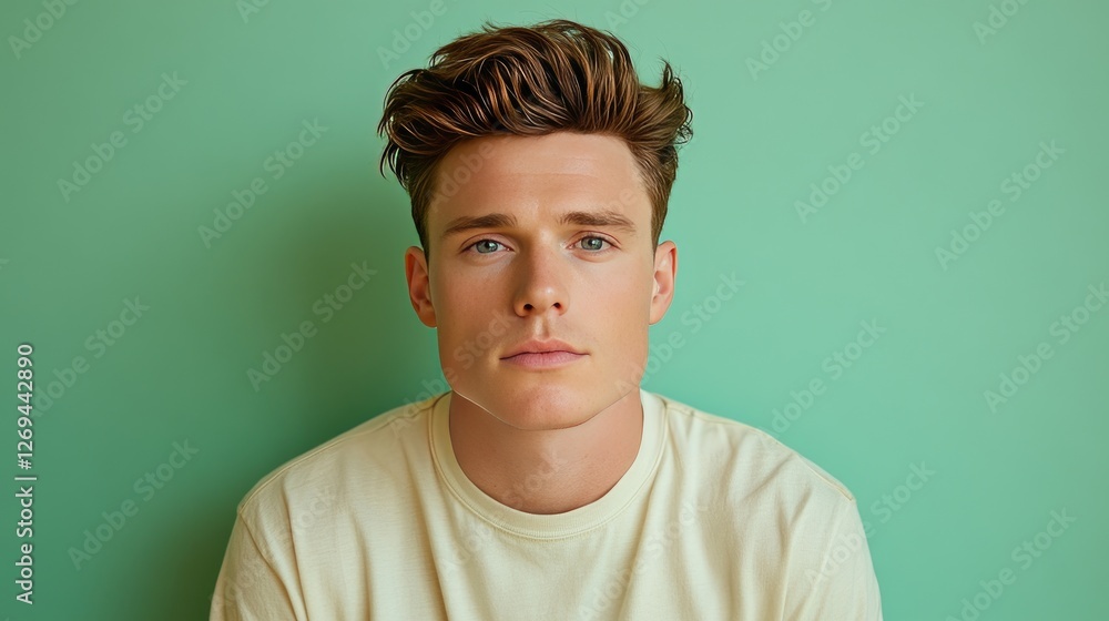 Portrait of Young Man Against Green Background with Stylish Hair and Casual Attire Portrait of Young Man Against Green Background with Stylish Hair and Casual Attire